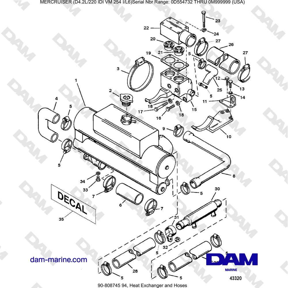 Vue éclatée HEAT EXCHANGER AND PIPES pour moteur Mercruiser 4.2L 220 IDI