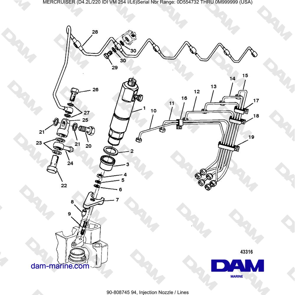 Vue éclatée INJECTION NOZZLE / LINES pour moteur Mercruiser 4.2L 220 IDI