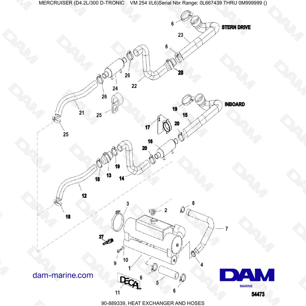 Vue éclatée SCAMBIATORE DI CALORE E TUBI FLESSIBILI pour moteur Mercruiser D4.2L 300 D-TRONIC