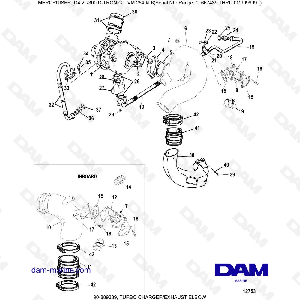 Vue éclatée GOMITO TURBOCOMPRESSORE/SCARICO pour moteur Mercruiser D4.2L 300 D-TRONIC
