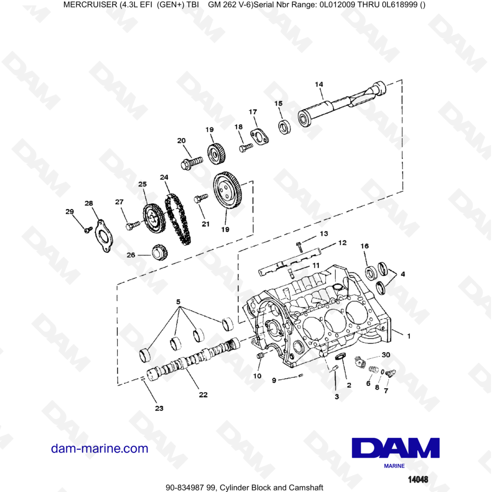 Vue éclatée BLOCCO CILINDRI E ALBERO A CAMME pour moteur MERCRUISER 4.3L EFI