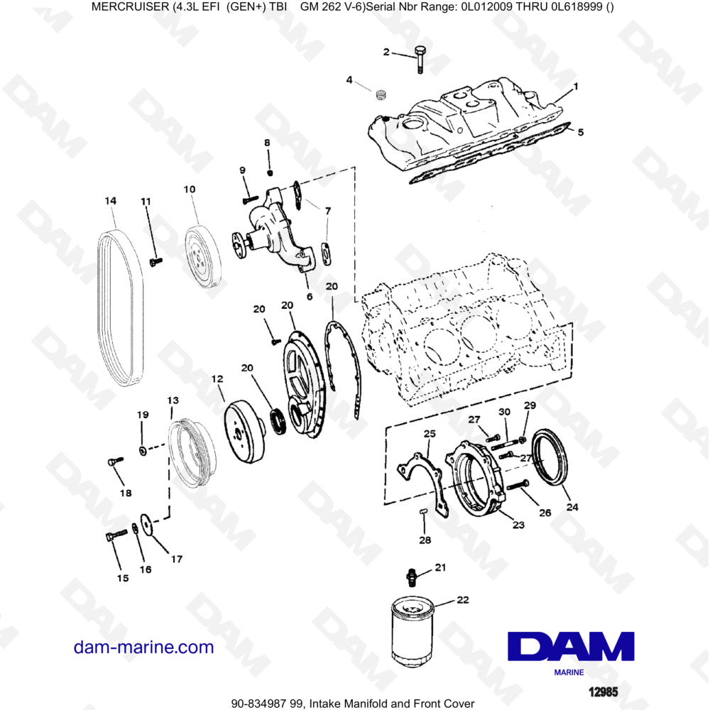 Vue éclatée COLLETTORE DI ASPIRAZIONE E COPERCHIO ANTERIORE pour moteur MERCRUISER 4.3L EFI