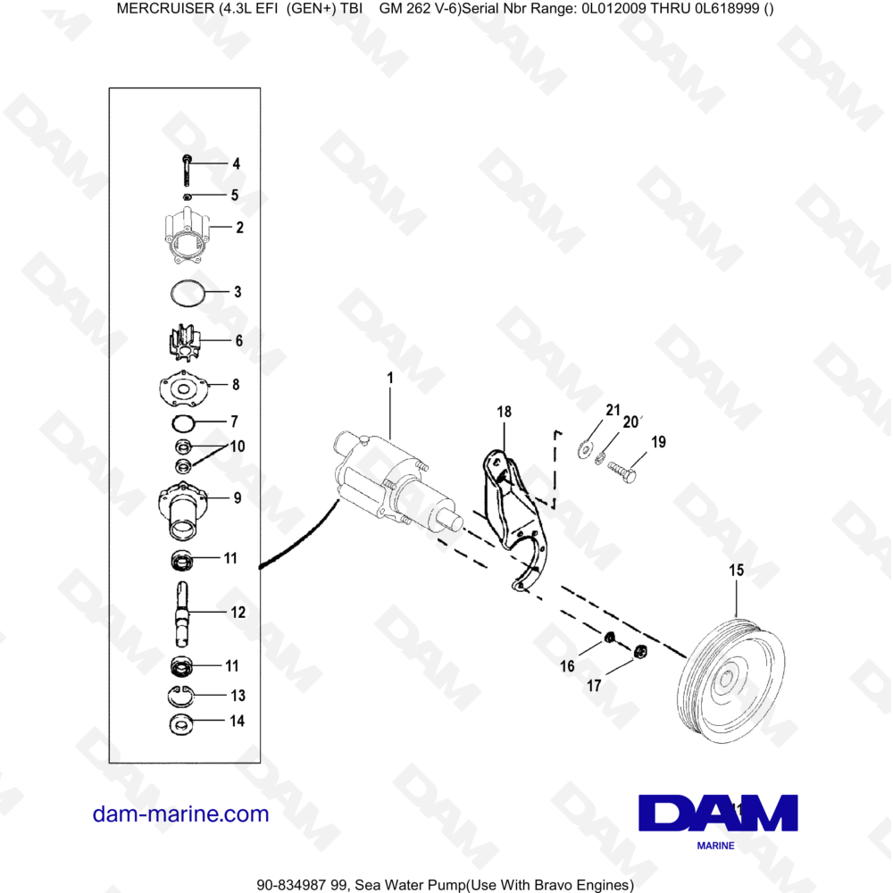 Vue éclatée POMPA ACQUA DI MARE (BRAVO) pour moteur MERCRUISER 4.3L EFI
