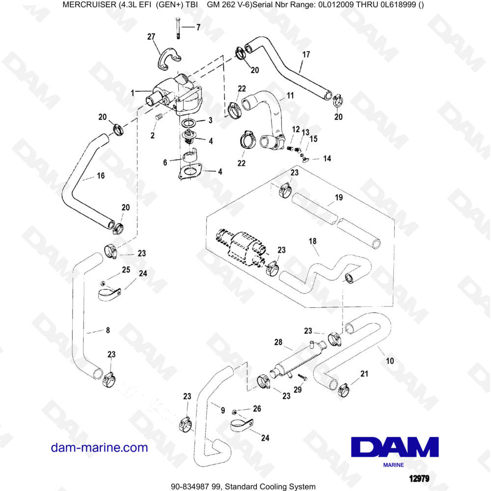 Vue éclatée SISTEMA DI RAFFREDDAMENTO STANDARD pour moteur MERCRUISER 4.3L EFI