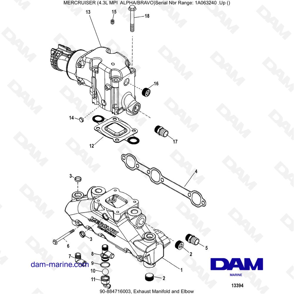 Vue éclatée EXHAUST MANIFOLD pour moteur MERCRUISER 4.3L MPI ALPHA/BRAVO