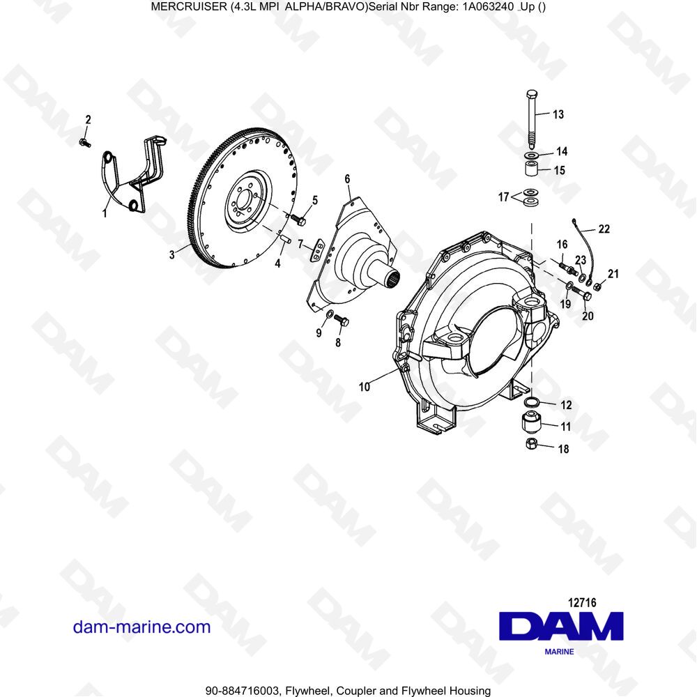 Vue éclatée IGNITION FLYWHEEL, COUPLER AND IGNITION FLYWHEEL HOUSING pour moteur MERCRUISER 4.3L MPI ALPHA/BRAVO