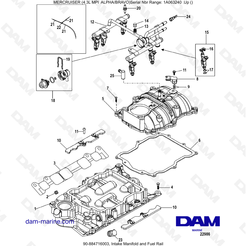 Vue éclatée INTAKE MANIFOLD AND INJECTION RAIL pour moteur MERCRUISER 4.3L MPI ALPHA/BRAVO