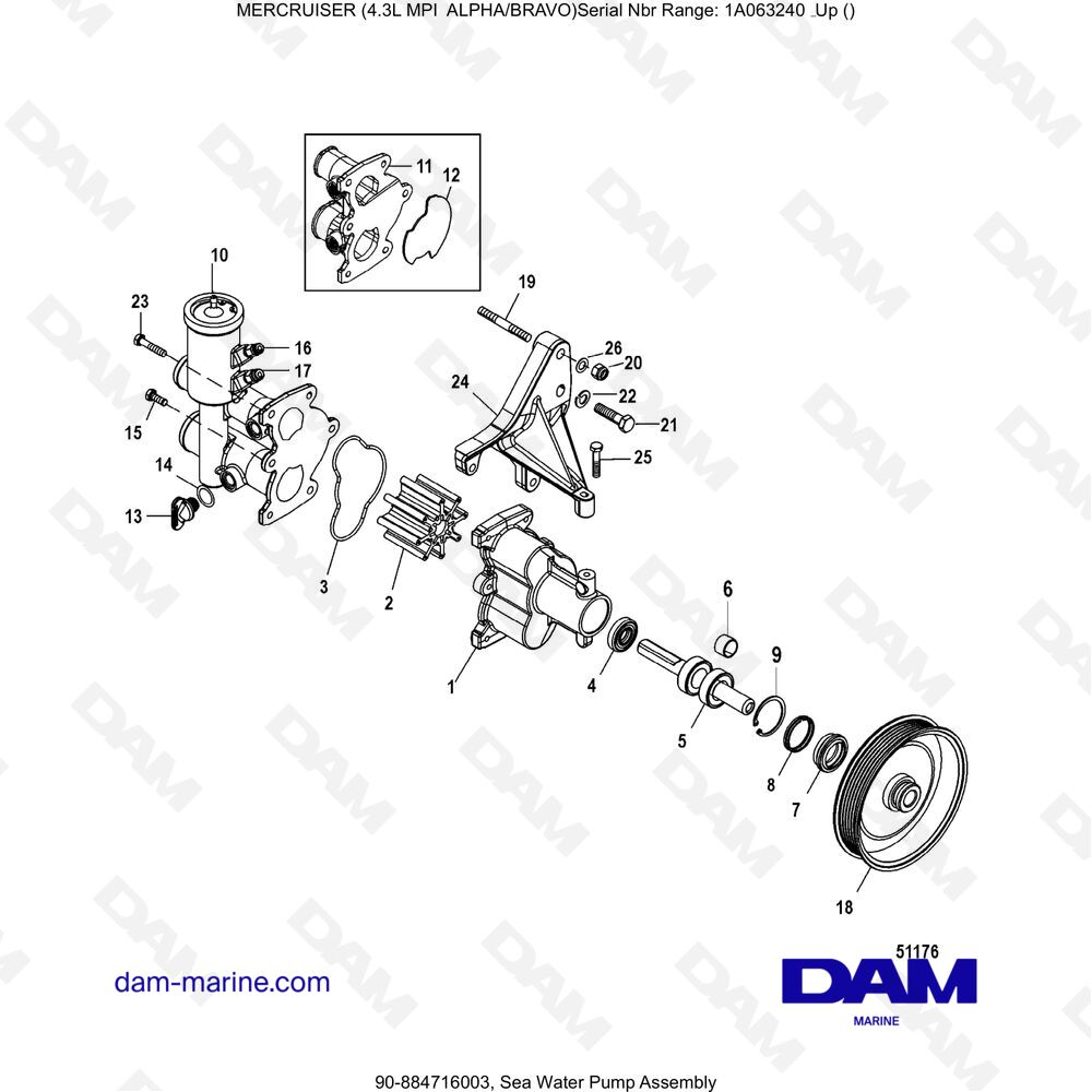 Vue éclatée SEA WATER PUMP pour moteur MERCRUISER 4.3L MPI ALPHA/BRAVO