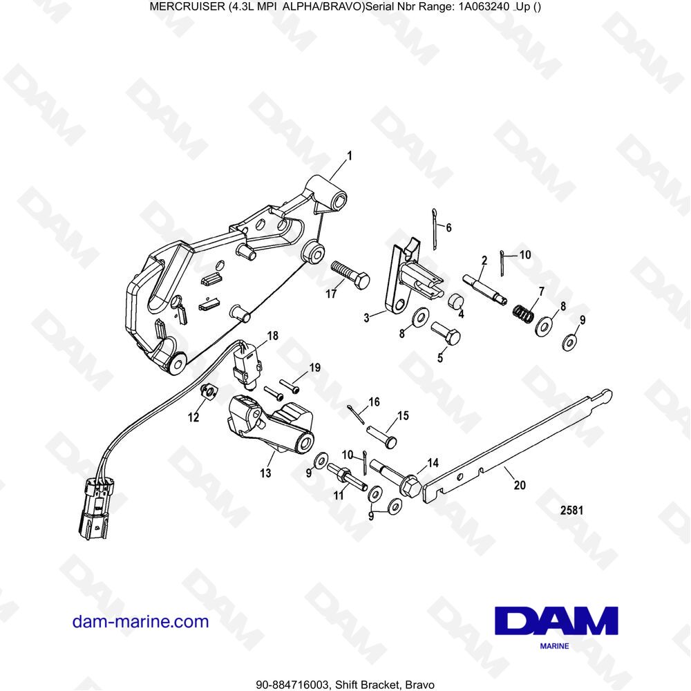 Vue éclatée BRAVO GEAR SHIFT SUPPORT pour moteur MERCRUISER 4.3L MPI ALPHA/BRAVO