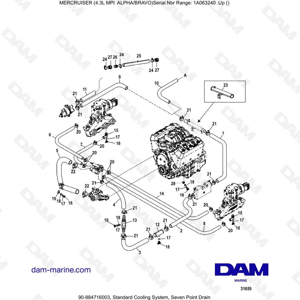 Vue éclatée STANDARD COOLING SYSTEM pour moteur MERCRUISER 4.3L MPI ALPHA/BRAVO