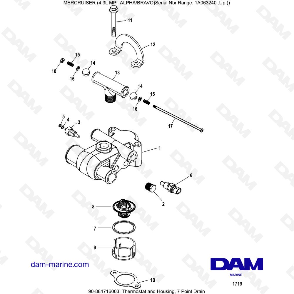Vue éclatée THERMOSTAT pour moteur MERCRUISER 4.3L MPI ALPHA/BRAVO