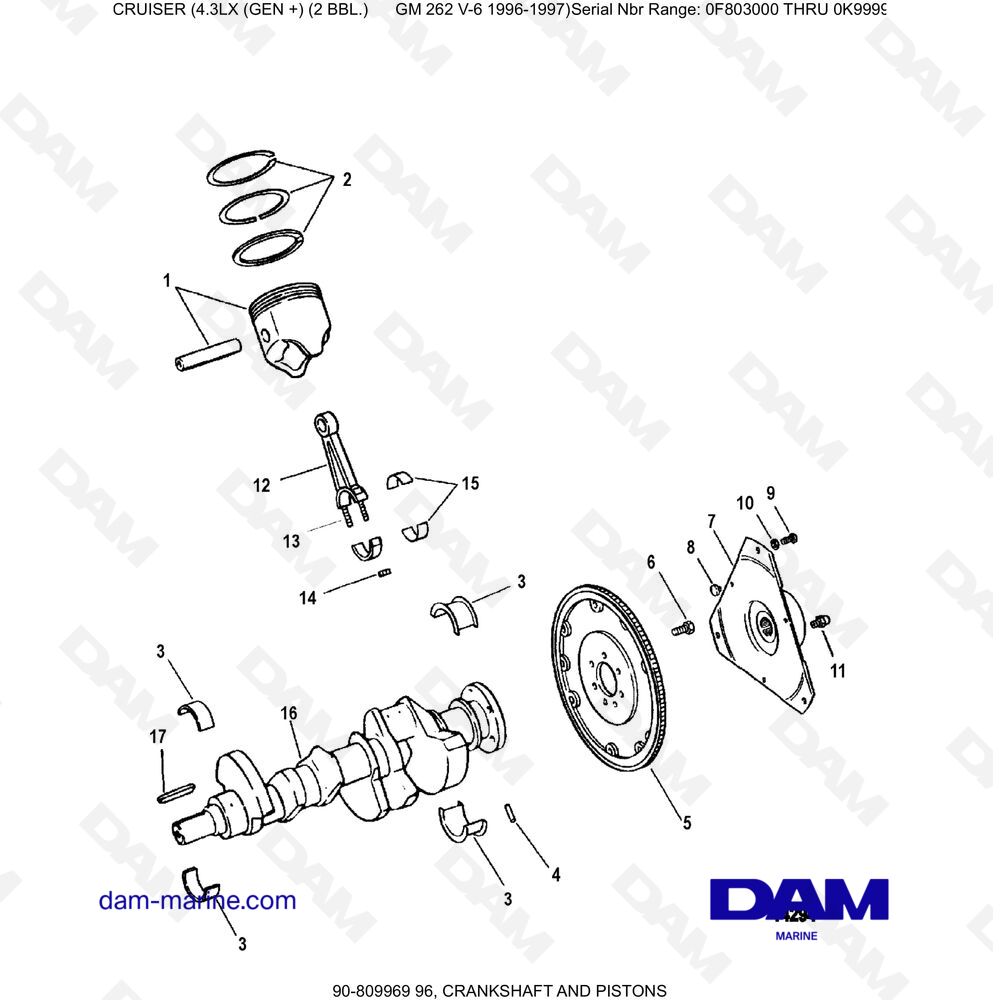 Vue éclatée CRANKSHAFT AND PISTON pour moteur MERCRUISER 4.3LX (GEN +) GM262 V6 - 1996-1997