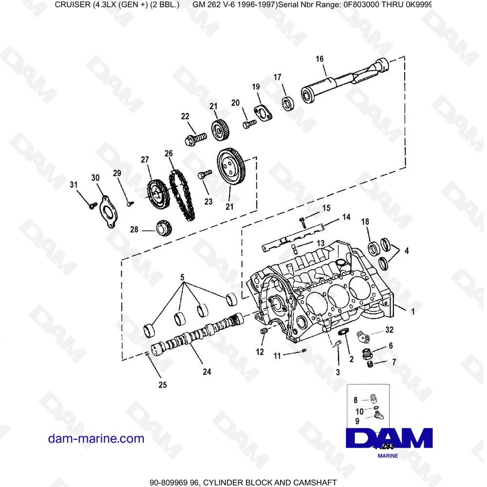 Vue éclatée CYLINDER BLOCK AND CAMSHAFT pour moteur MERCRUISER 4.3LX (GEN +) GM262 V6 - 1996-1997