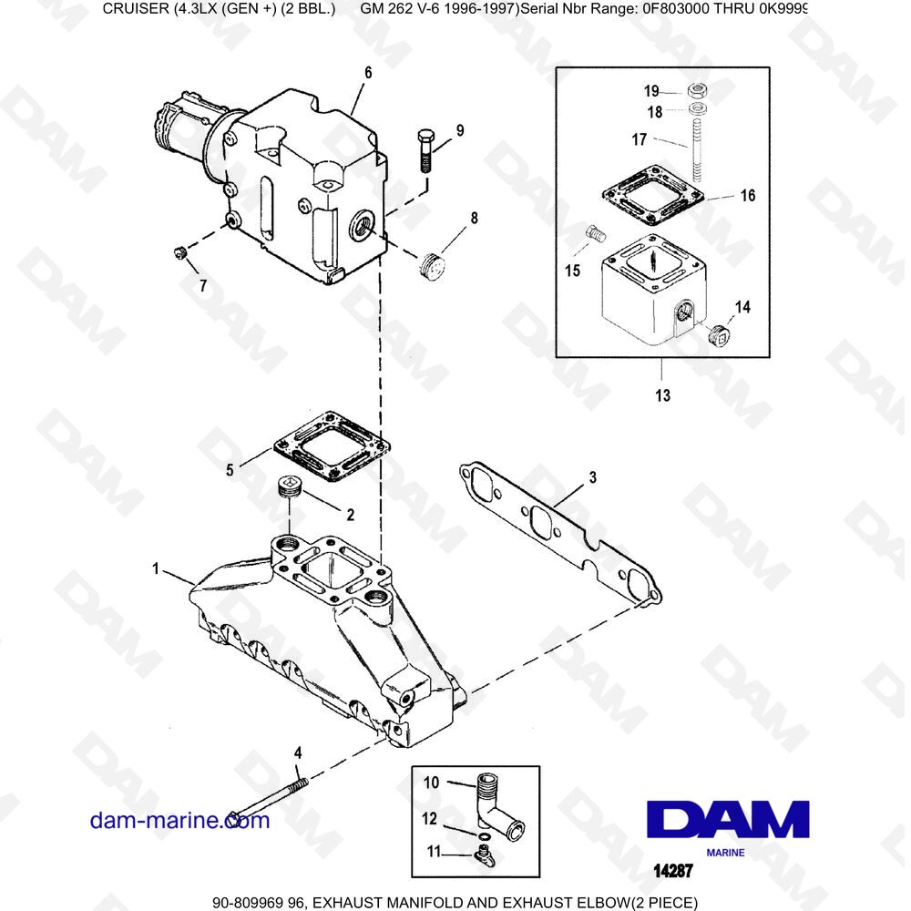 Vue éclatée EXHAUST MANIFOLD pour moteur MERCRUISER 4.3LX (GEN +) GM262 V6 - 1996-1997