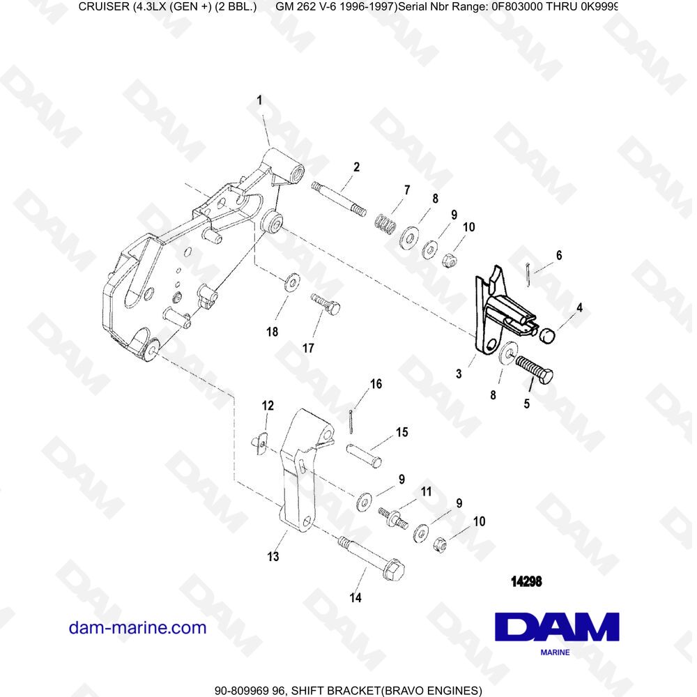 Vue éclatée GEAR SHIFT LEVER SUPPORT (BRAVO) pour moteur MERCRUISER 4.3LX (GEN +) GM262 V6 - 1996-1997