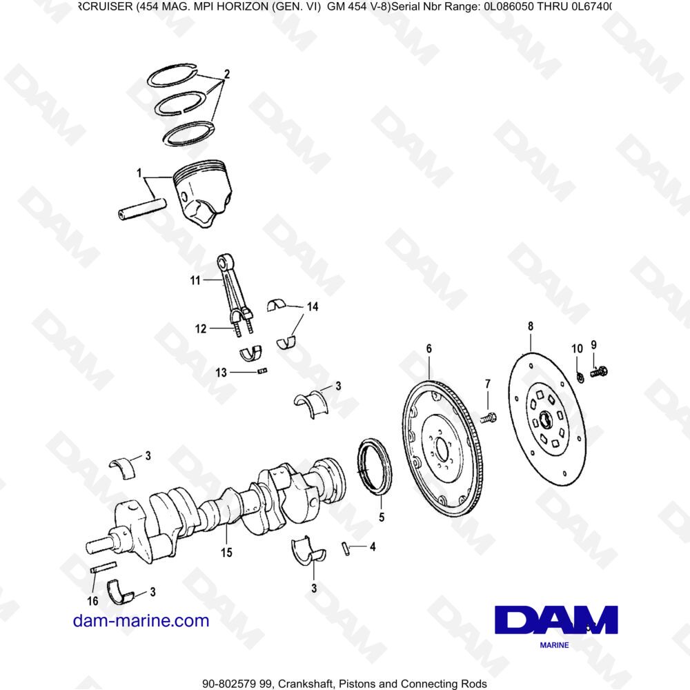 Vue éclatée CRANKSHAFT, PISTONS AND CONNECTING RODS pour moteur MERCRUISER 454 MAG MPI HORIZON