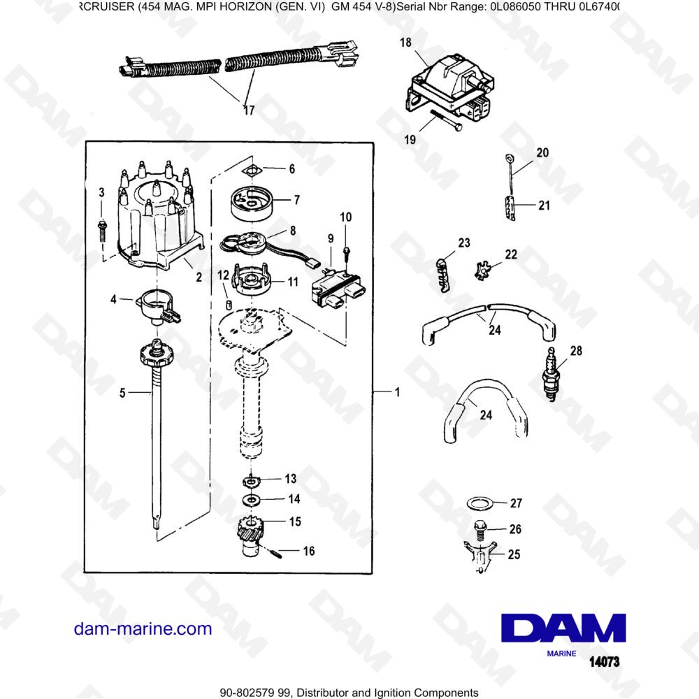 Vue éclatée DISTRIBUTOR AND IGNITION COMPONENTS pour moteur MERCRUISER 454 MAG MPI HORIZON