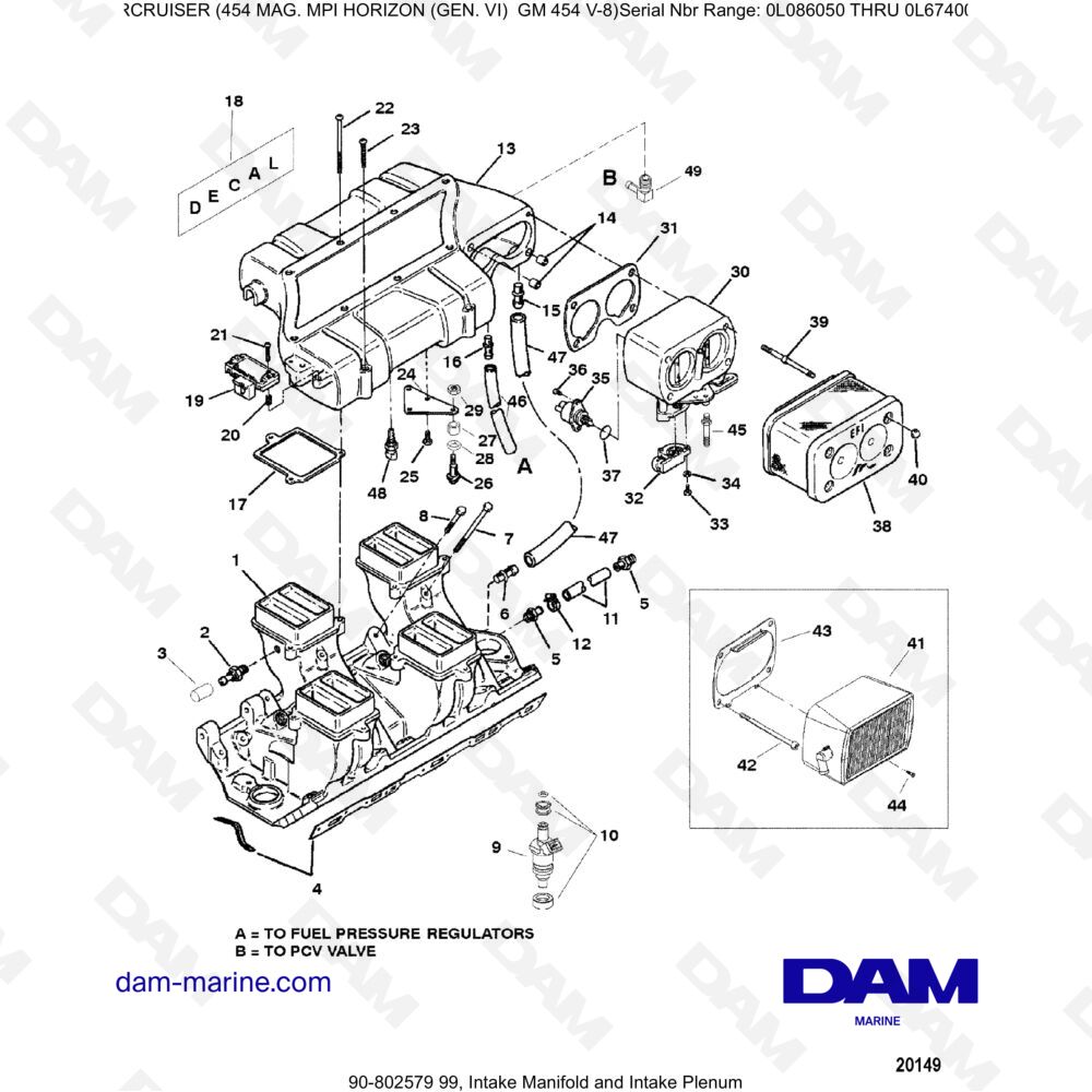 Vue éclatée ADMISSION COLLECTOR AND ADMISSION PLENUM pour moteur MERCRUISER 454 MAG MPI HORIZON