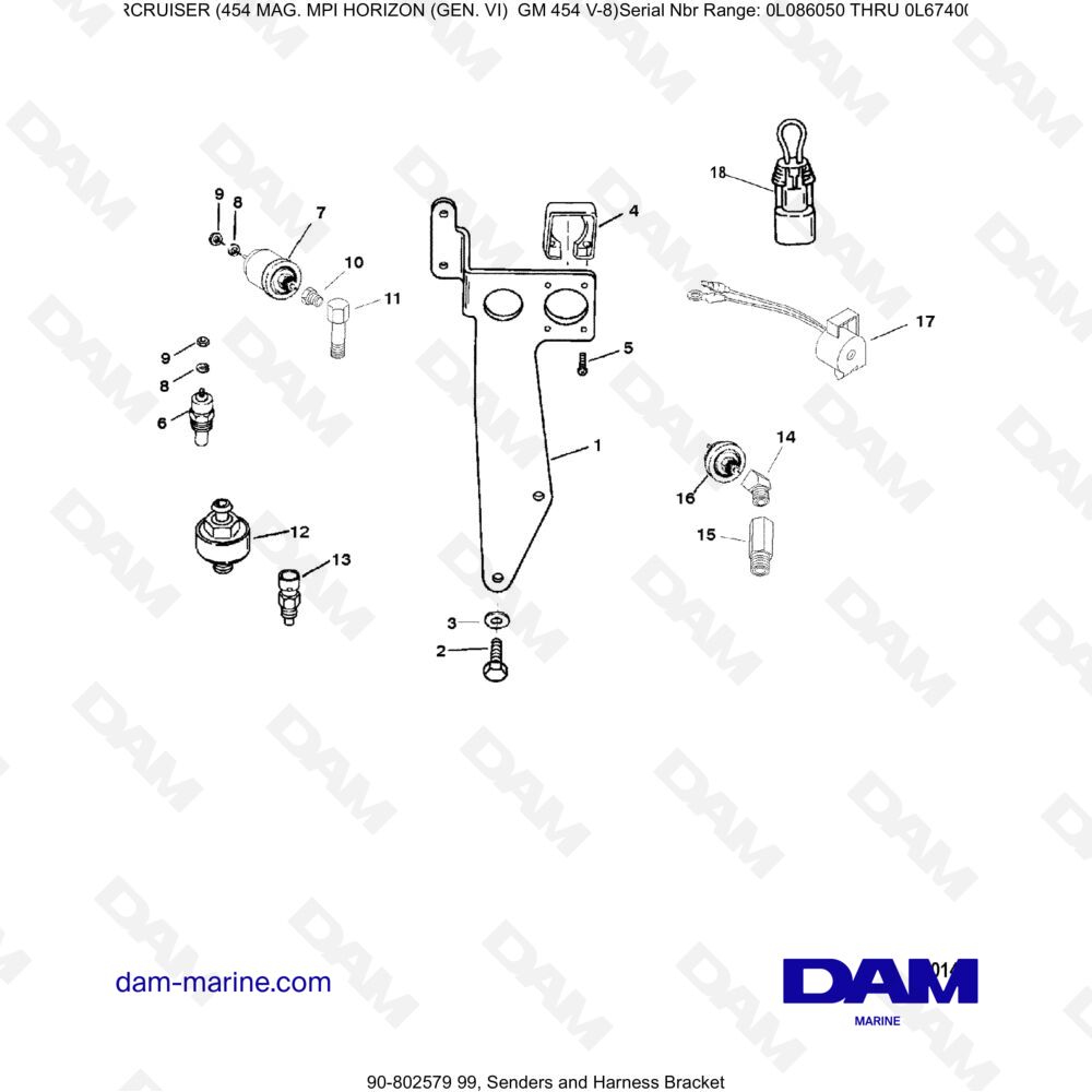 Vue éclatée TRANSMITTERS AND BEAM SUPPORT pour moteur MERCRUISER 454 MAG MPI HORIZON
