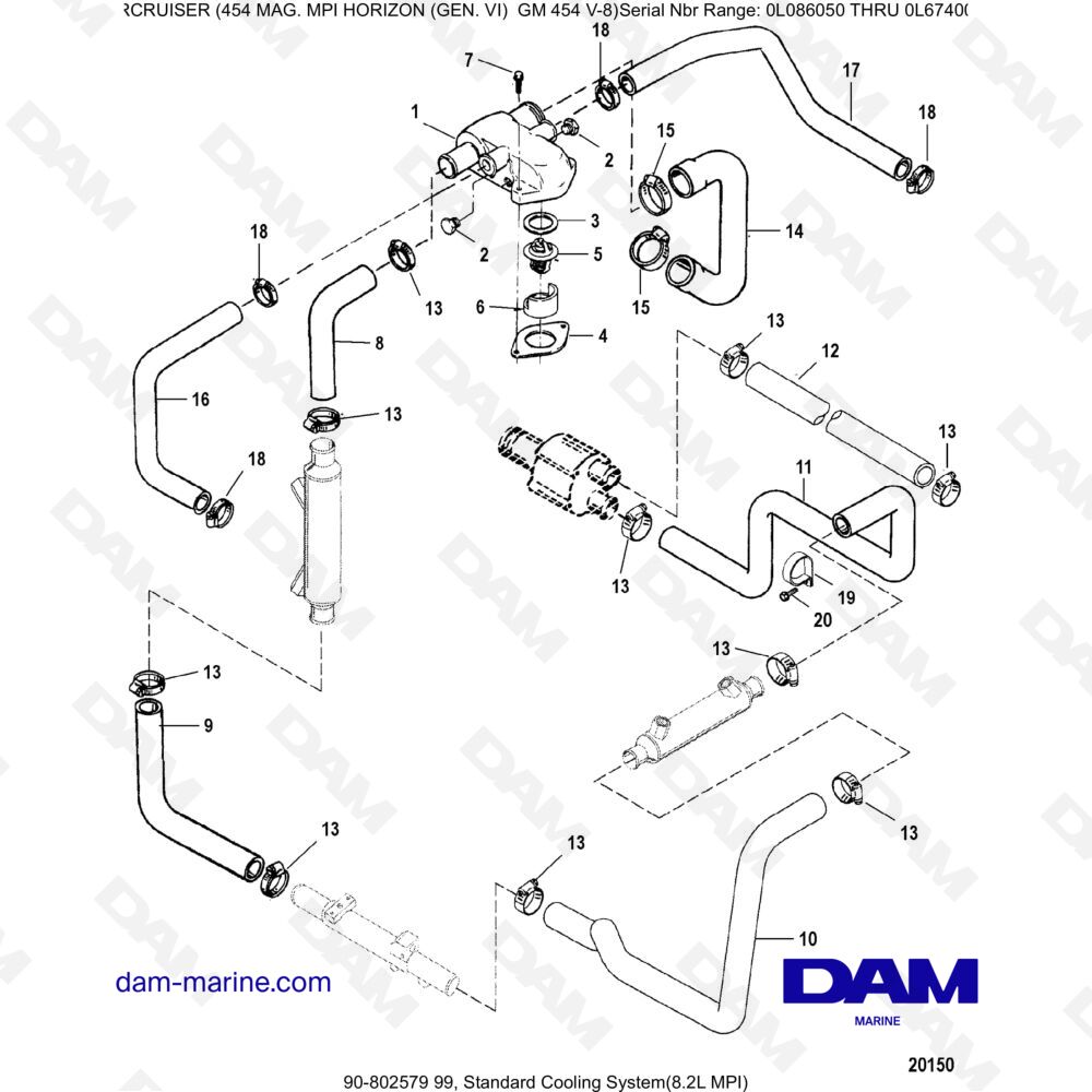 Vue éclatée STANDARD COOLING SYSTEM pour moteur MERCRUISER 454 MAG MPI HORIZON