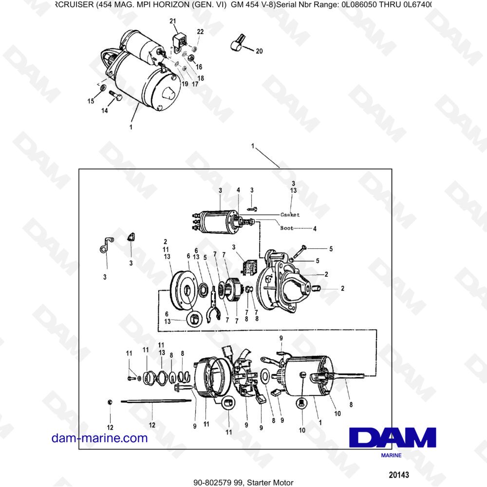 Vue éclatée STARTER pour moteur MERCRUISER 454 MAG MPI HORIZON