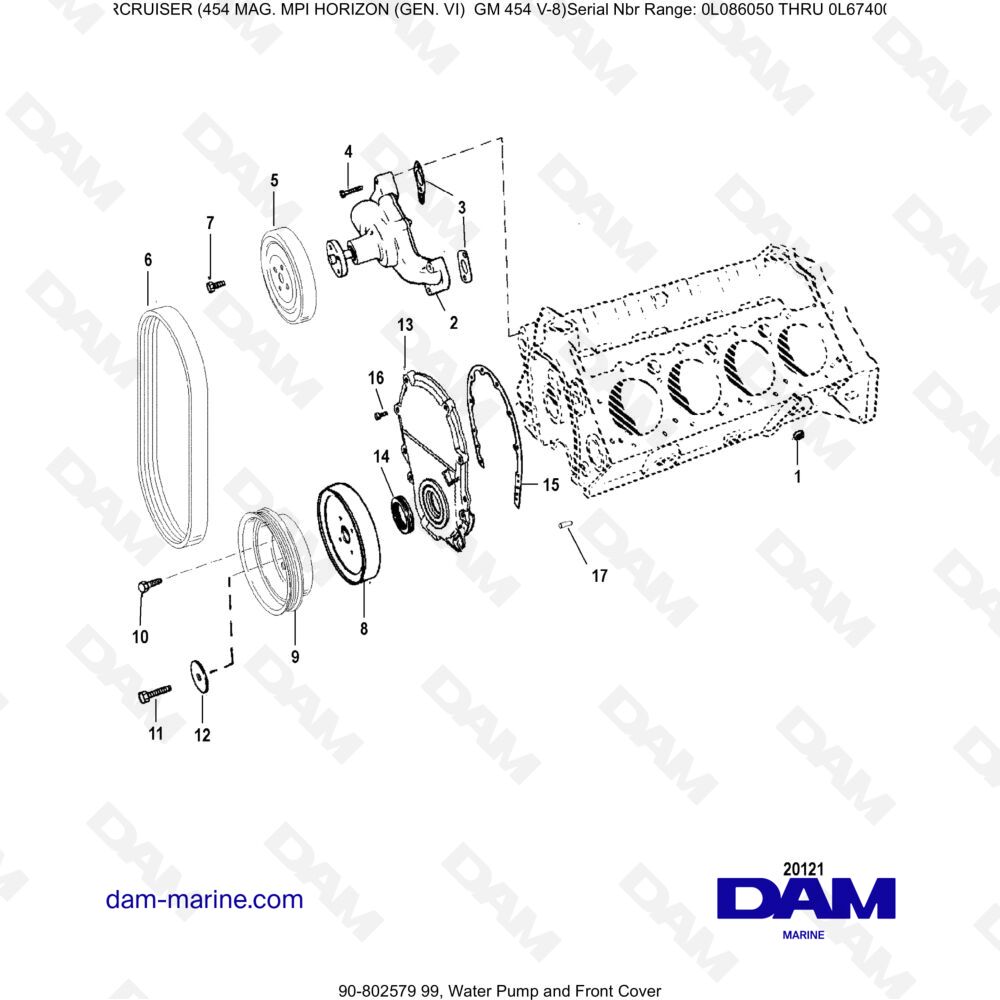 Vue éclatée WATER PUMP AND FRONT COVER pour moteur MERCRUISER 454 MAG MPI HORIZON