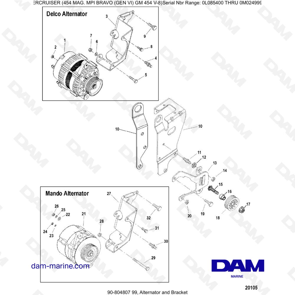 Vue éclatée ALTERNATOR AND MOUNT pour moteur MERCRUISER 454 MAG MPI