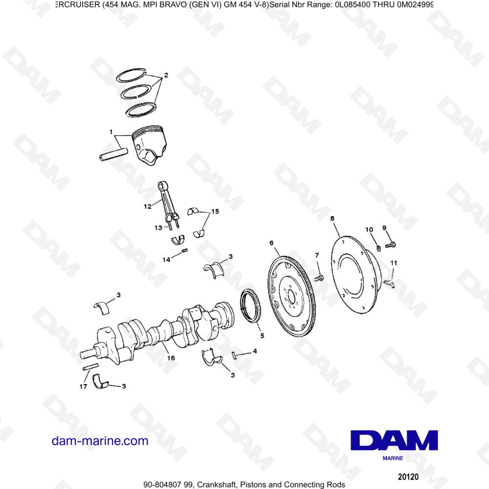 Vue éclatée CRANKSHAFT, PISTONS AND CONNECTING RODS pour moteur MERCRUISER 454 MAG MPI
