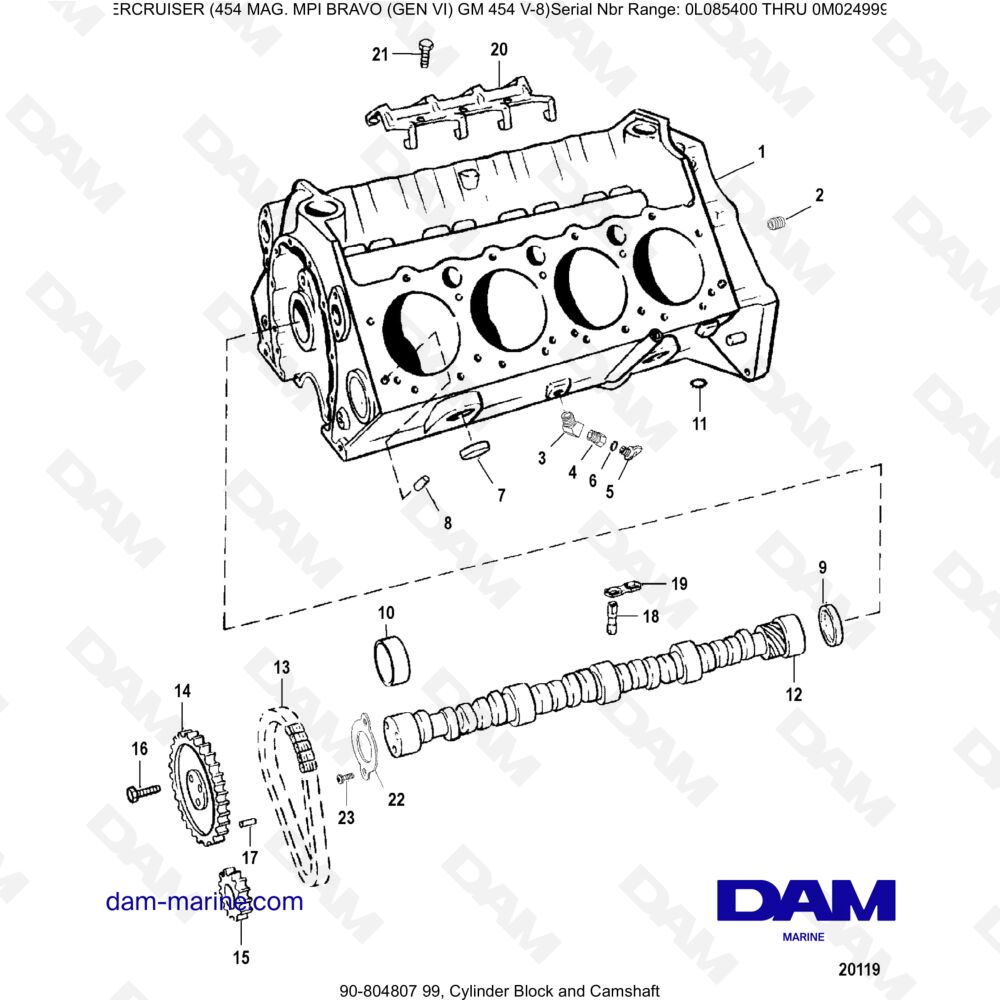 Vue éclatée CYLINDER BLOCK AND CAMSHAFT pour moteur MERCRUISER 454 MAG MPI