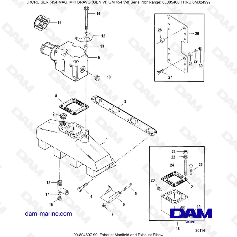 Vue éclatée EXHAUST MANIFOLD AND EXHAUST ELBOW pour moteur MERCRUISER 454 MAG MPI