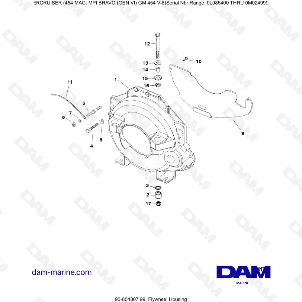 Vue éclatée FLYWHEEL HOUSING pour moteur MERCRUISER 454 MAG MPI