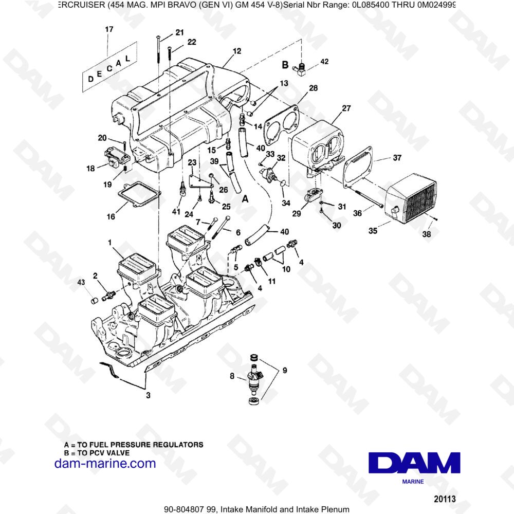 Vue éclatée ADMISSION COLLECTOR AND ADMISSION PLENUM pour moteur MERCRUISER 454 MAG MPI