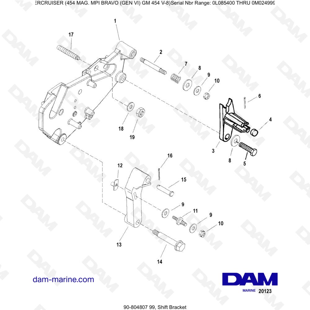 Vue éclatée GEAR SHIFT LEVER SUPPORT pour moteur MERCRUISER 454 MAG MPI