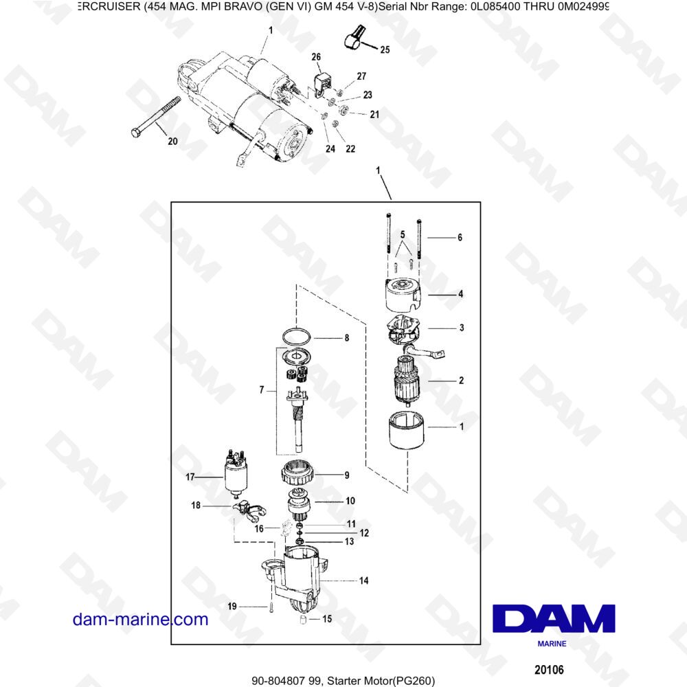 Vue éclatée STARTER pour moteur MERCRUISER 454 MAG MPI