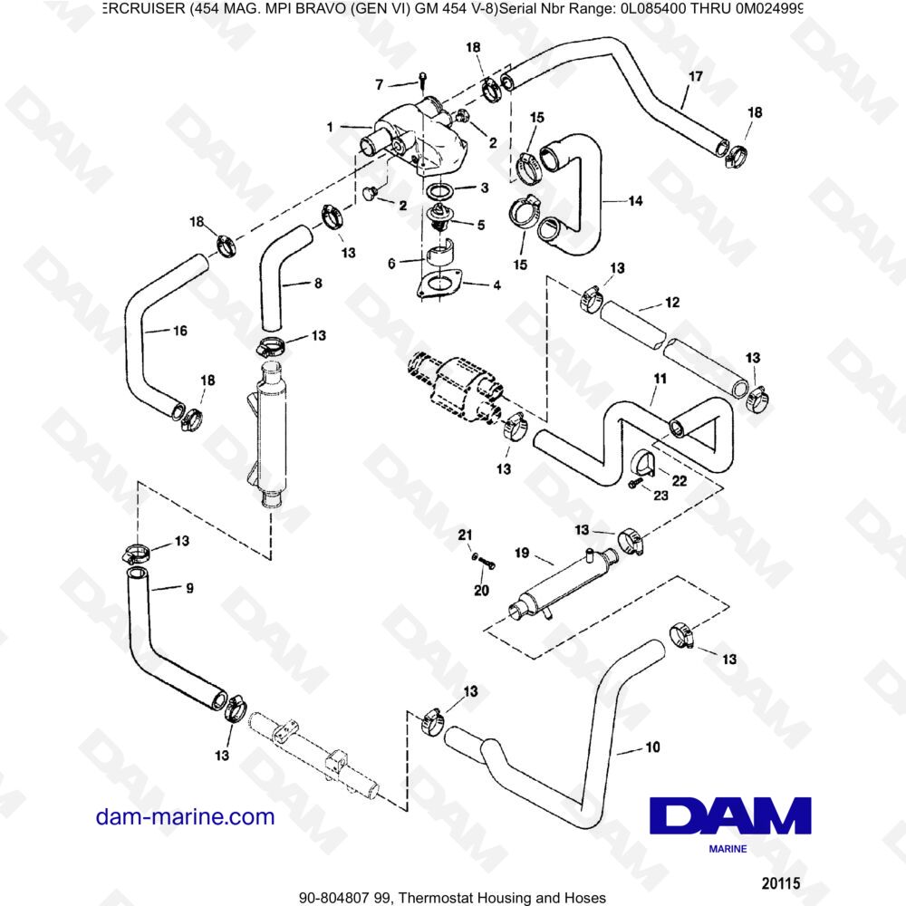 Vue éclatée THERMOSTAT HOUSING AND PIPES pour moteur MERCRUISER 454 MAG MPI