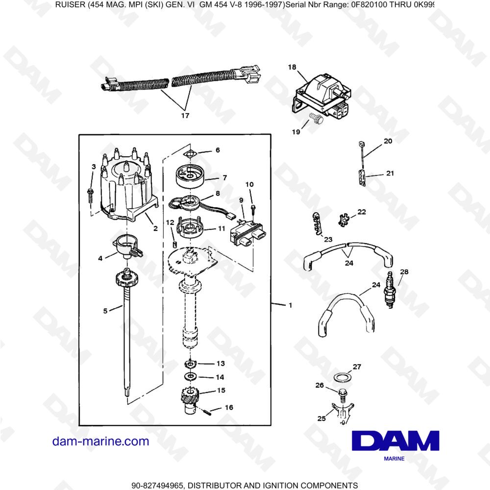 Vue éclatée DISTRIBUTOR AND IGNITION COMPONENTS pour moteur MERCRUISER 454 MAG