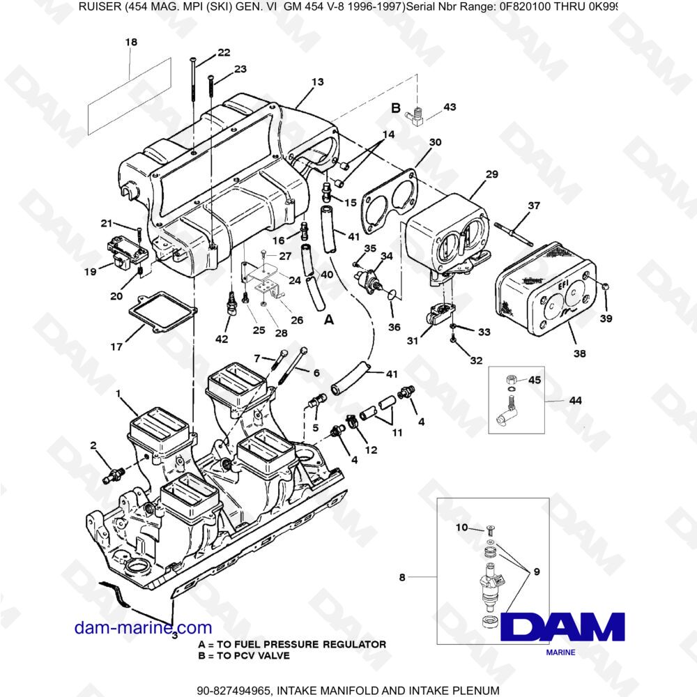 Vue éclatée ADMISSION COLLECTOR AND ADMISSION PLENUM pour moteur MERCRUISER 454 MAG