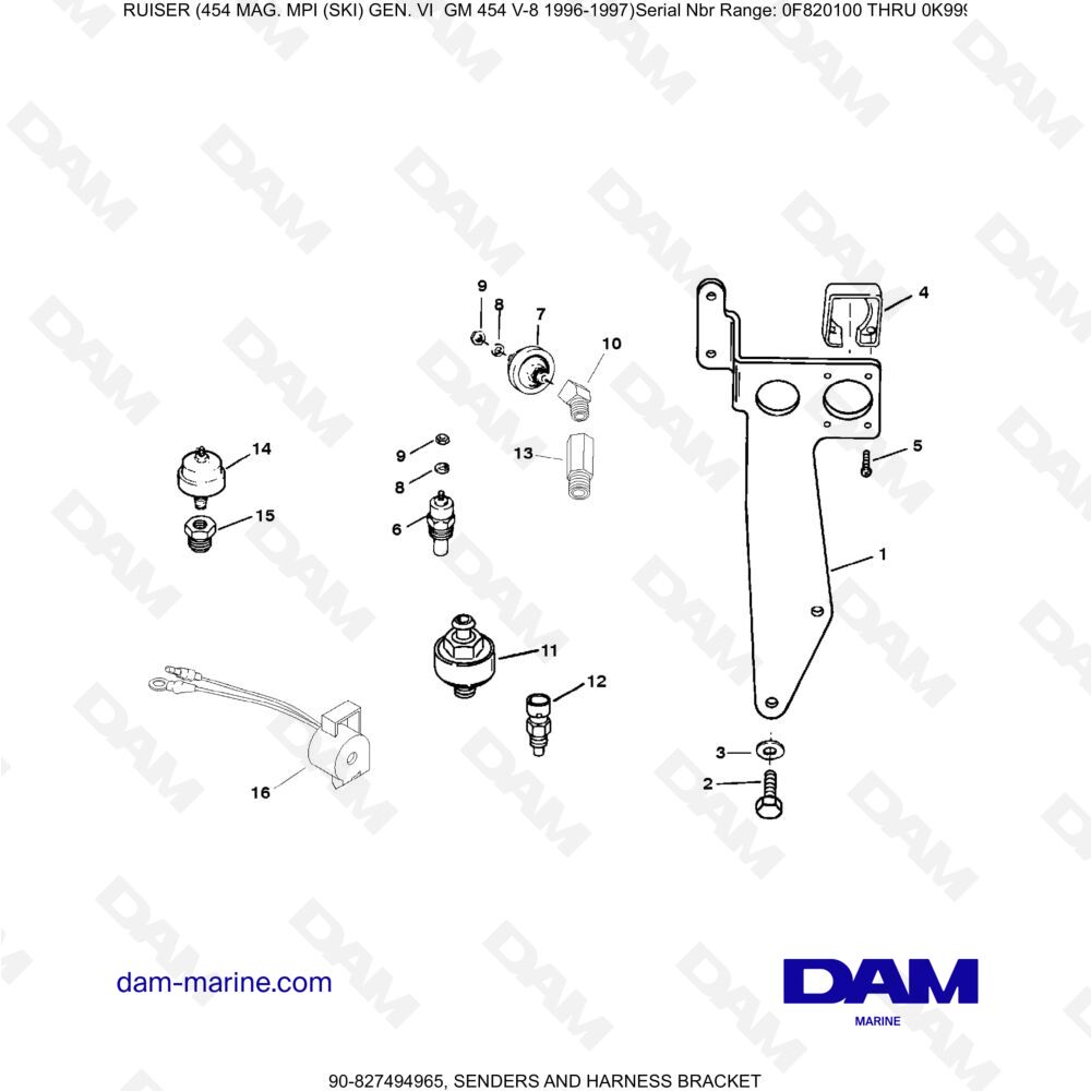 Vue éclatée TRANSMITTERS AND BEAM SUPPORT pour moteur MERCRUISER 454 MAG
