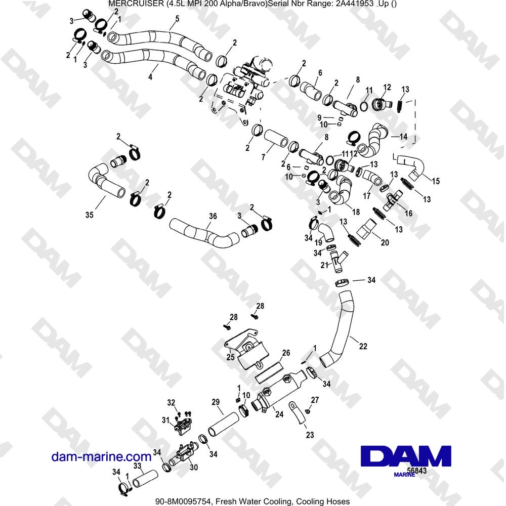 Vue éclatée RAFFREDDAMENTO AD ACQUA DOLCE, TUBI DI RAFFREDDAMENTO pour moteur Mercruiser 4.5L MPI