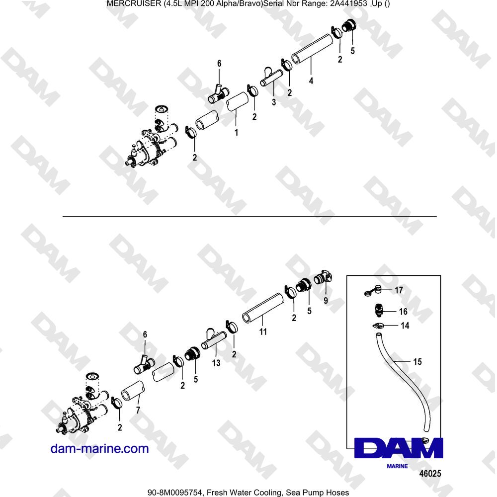 Vue éclatée TUBI FLESSIBILI PER POMPA DI MARE, RAFFREDDAMENTO AD ACQUA DOLCE pour moteur Mercruiser 4.5L MPI
