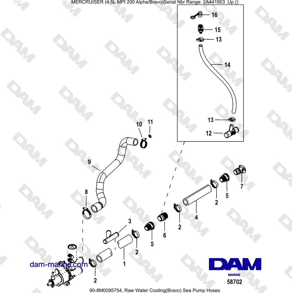 Vue éclatée TUBI FLESSIBILI PER POMPA DI MARE PER RAFFREDDAMENTO AD ACQUA GREZZA (BRAVO) pour moteur Mercruiser 4.5L MPI