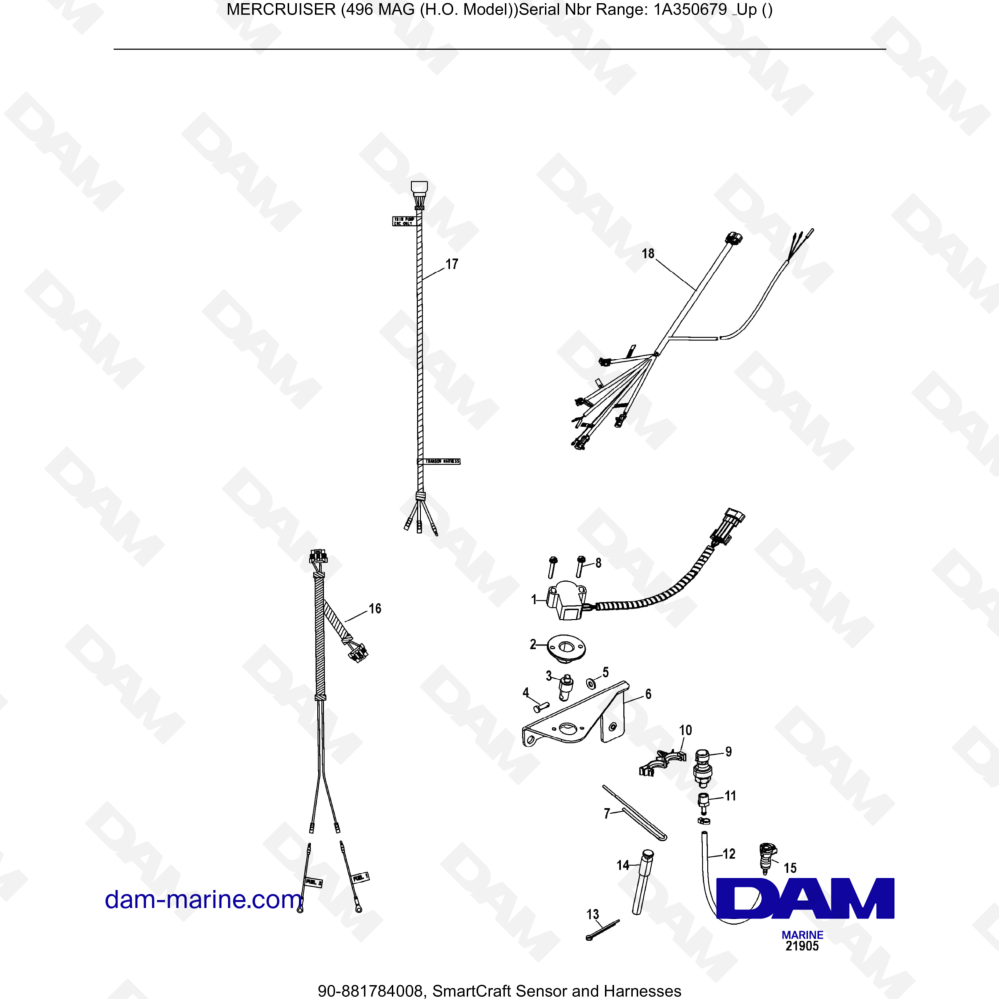 Vue éclatée SENSORE E CABLAGGI SMARTCRAFT pour moteur MERCRUISER 8.1L 496 MAG HO