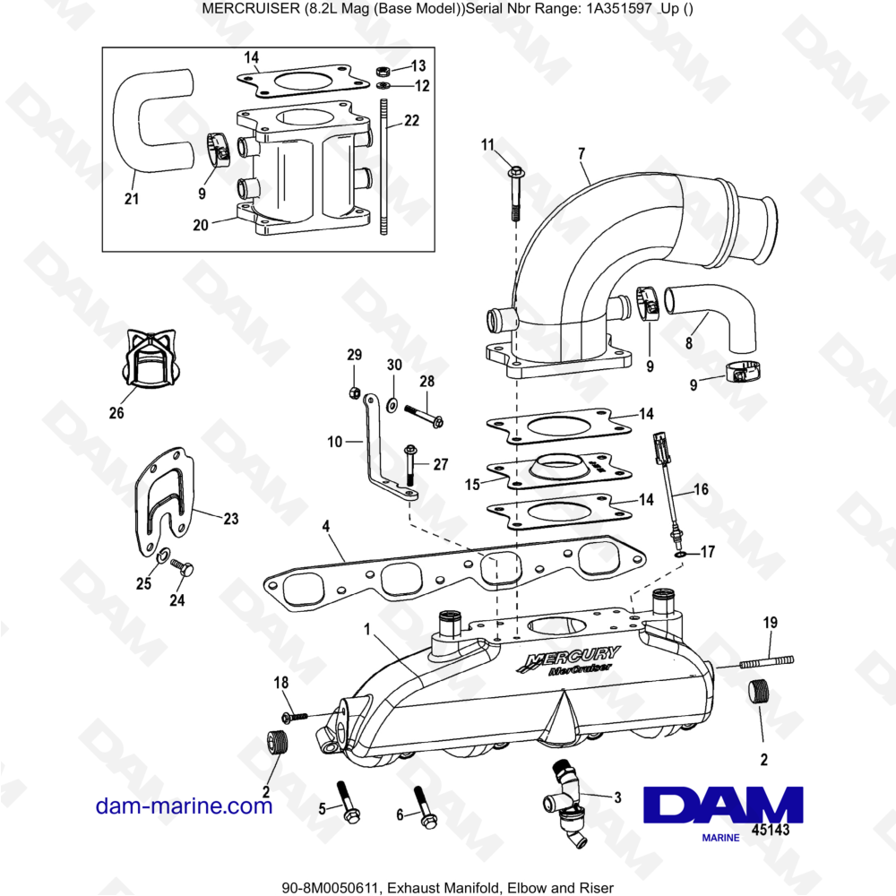 Vue éclatée COLECTOR DE ESCAPE, CODO Y TUBO ELEVADOR pour moteur MERCRUISER 8.1L 496 MAG