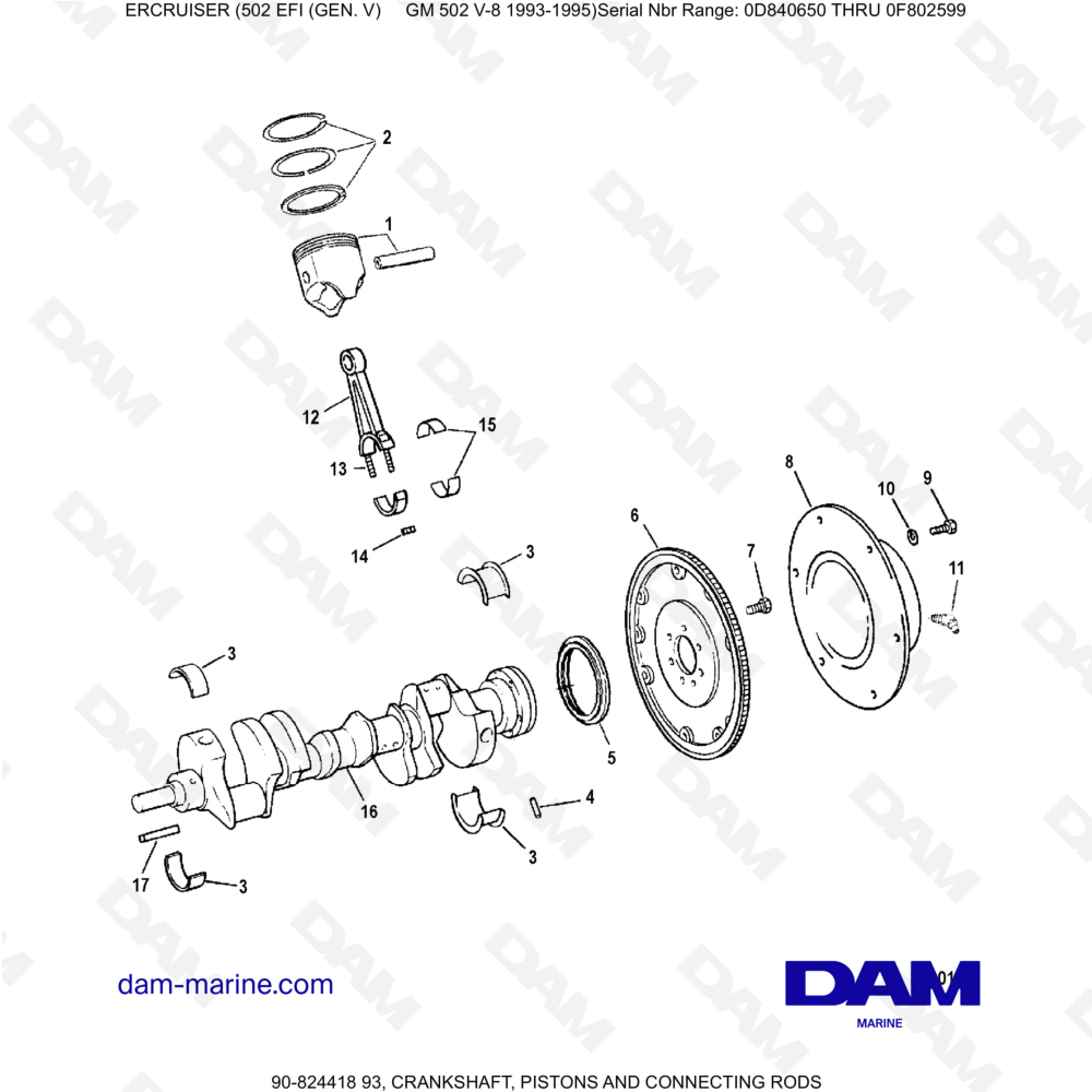 Vue éclatée VILEBREQUIN, PISTONS ET BIELLES pour moteur MERCRUISER 502 EFI