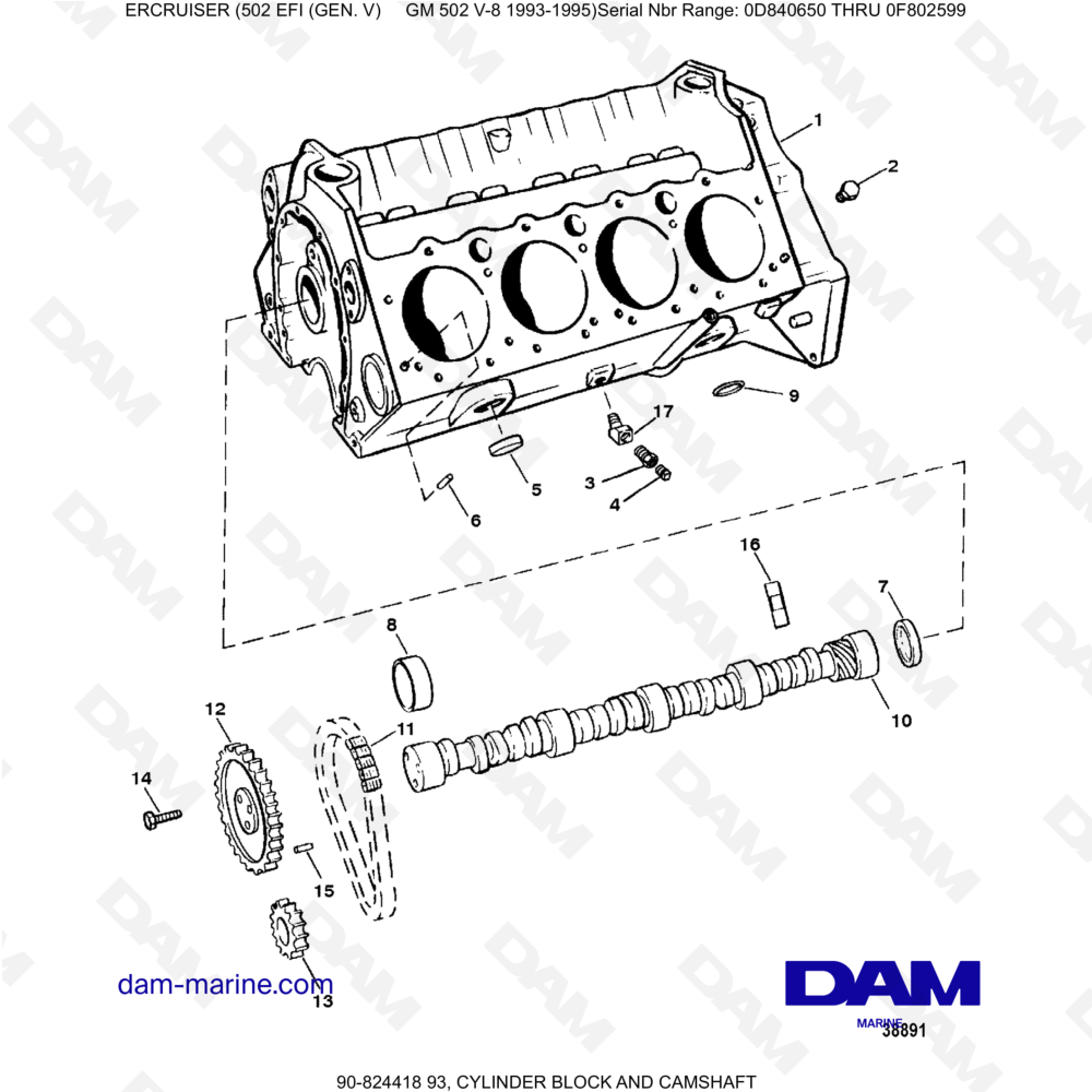 Vue éclatée BLOC-CYLINDRES ET ARBRE À CAMES pour moteur MERCRUISER 502 EFI