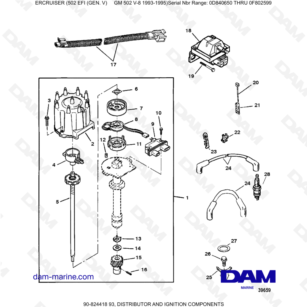 Vue éclatée COMPOSANTS DE DISTRIBUTEUR ET D'ALLUMAGE pour moteur MERCRUISER 502 EFI