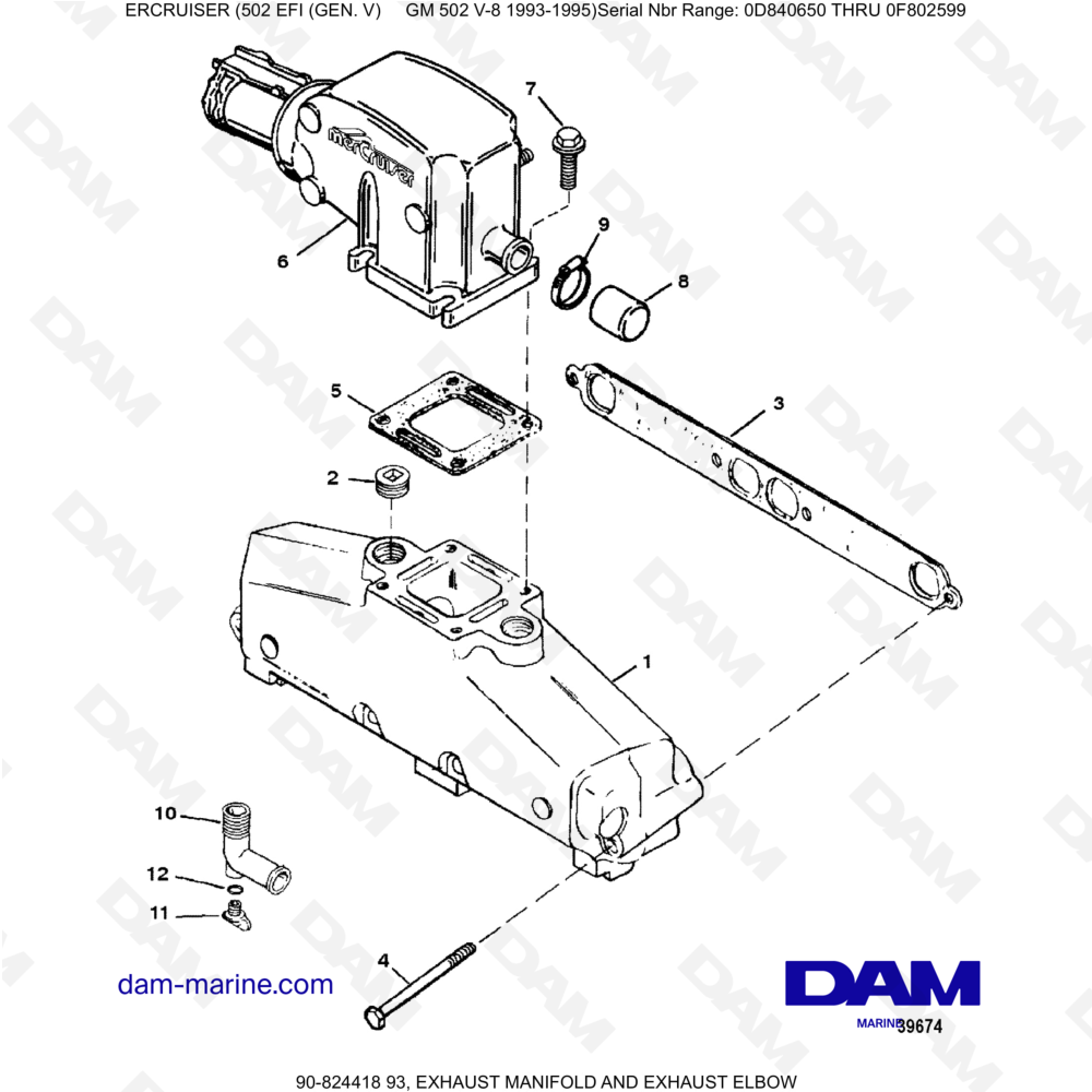 Vue éclatée COLLECTEUR D'ÉCHAPPEMENT ET COUDE D'ÉCHAPPEMENT pour moteur MERCRUISER 502 EFI