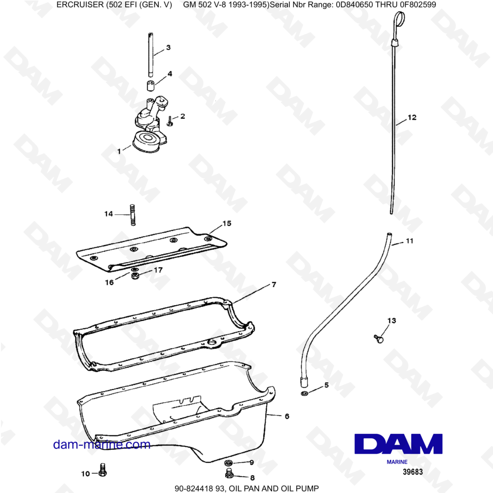 Vue éclatée CARTER D'HUILE ET POMPE À HUILE pour moteur MERCRUISER 502 EFI