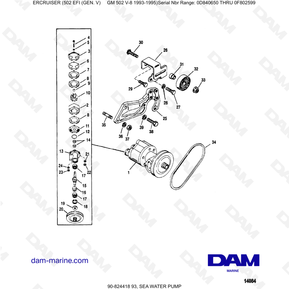 Vue éclatée POMPE À EAU DE MER pour moteur MERCRUISER 502 EFI