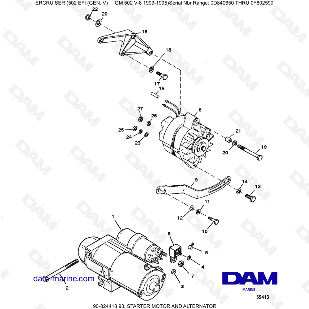 Vue éclatée DÉMARREUR ET ALTERNATEUR pour moteur MERCRUISER 502 EFI
